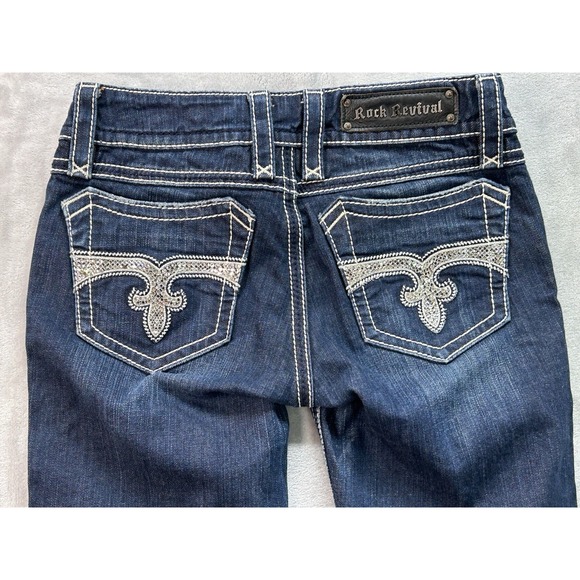 Rock Revival Jeans Womens Sz 29 Blue Leona Boot Mid Rise Thick Stitch Short Read - Picture 4 of 16